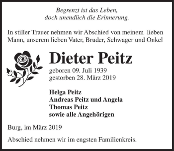 Traueranzeige von Dieter Peitz  von Magdeburger Volksstimme
