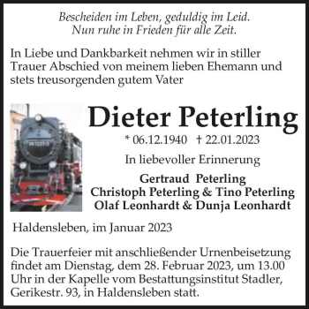 Traueranzeige von Dieter Peterling  von Magdeburger Volksstimme
