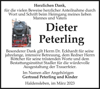 Traueranzeige von Dieter Peterling  von Magdeburger Volksstimme