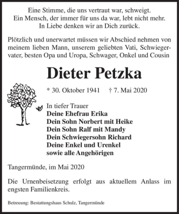 Traueranzeige von Dieter Petzka  von Magdeburger Volksstimme