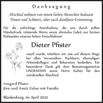 Traueranzeige von Dieter Pfister  von Magdeburger Volksstimme