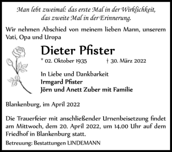 Traueranzeige von Dieter Pfister  von Magdeburger Volksstimme