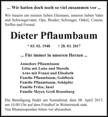 Traueranzeige von Dieter Pflaumbaum  von Magdeburger Volksstimme