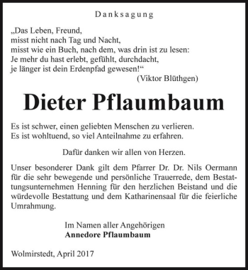 Traueranzeige von Dieter Pflaumbaum  von Magdeburger Volksstimme