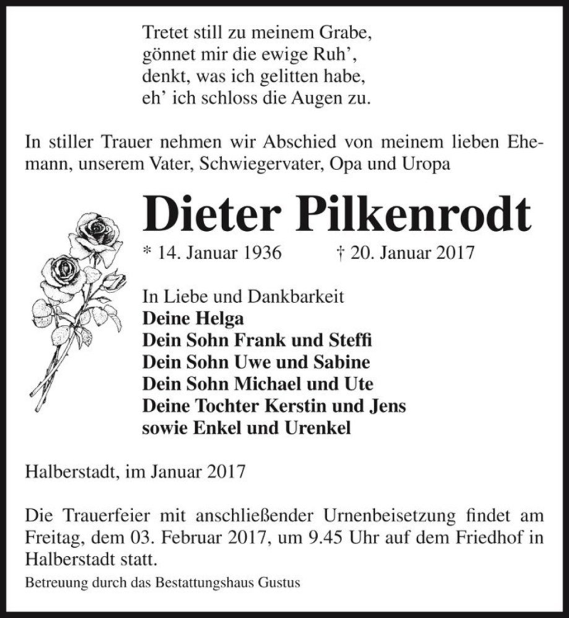  Traueranzeige für Dieter Pilkenrodt  vom 28.01.2017 aus Magdeburger Volksstimme