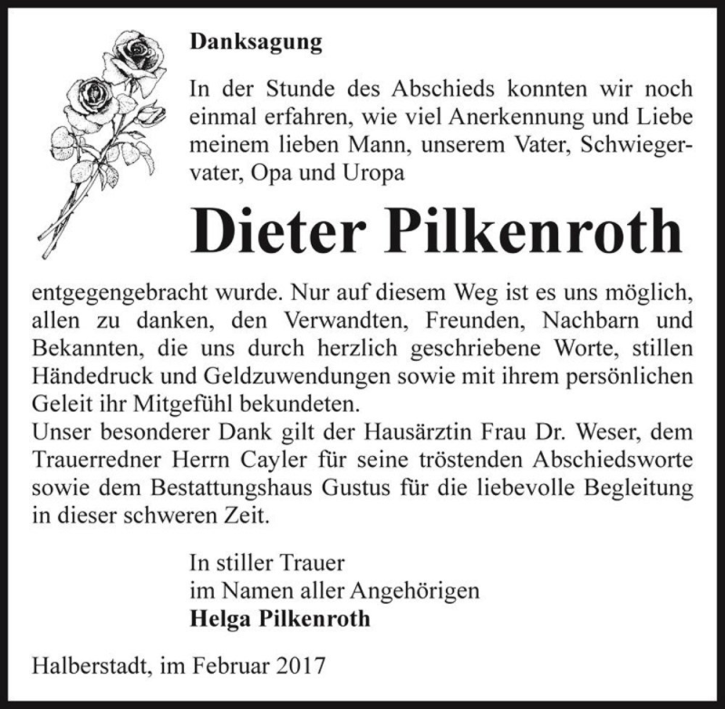  Traueranzeige für Dieter Pilkenroth  vom 11.02.2017 aus Magdeburger Volksstimme