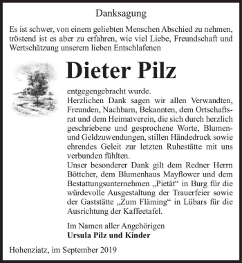 Traueranzeige von Dieter Pilz  von Magdeburger Volksstimme