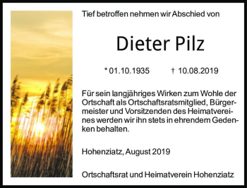 Traueranzeige von Dieter Pilz  von Magdeburger Volksstimme