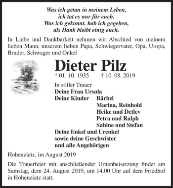 Traueranzeige von Dieter Pilz  von Magdeburger Volksstimme
