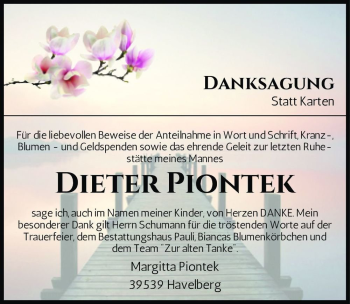 Traueranzeige von Dieter Piontek  von Magdeburger Volksstimme