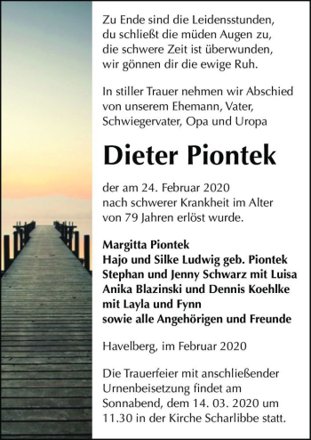Traueranzeige von Dieter Piontek  von Magdeburger Volksstimme