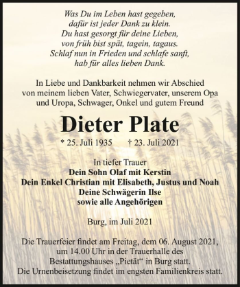 Traueranzeige von Dieter Plate  von Magdeburger Volksstimme