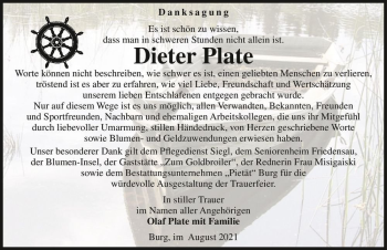 Traueranzeige von Dieter Plate  von Magdeburger Volksstimme