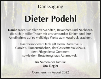 Traueranzeige von Dieter Podehl  von Magdeburger Volksstimme