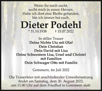 Traueranzeige von Dieter Podehl  von Magdeburger Volksstimme