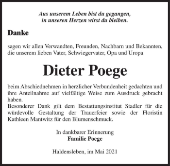 Traueranzeige von Dieter Poege  von Magdeburger Volksstimme