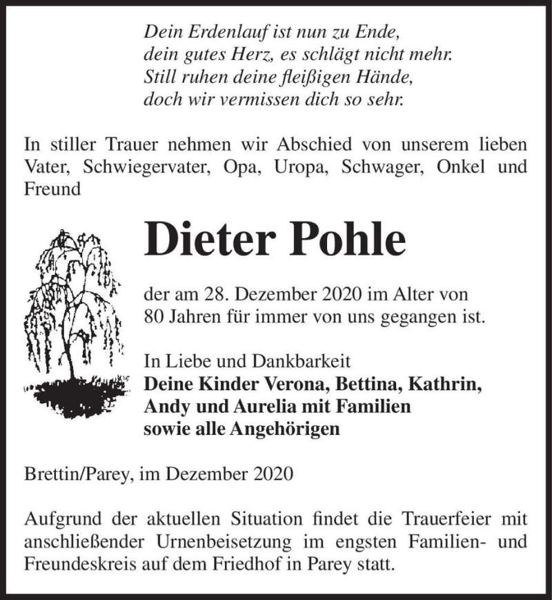  Traueranzeige für Dieter Pohle  vom 09.01.2021 aus Magdeburger Volksstimme