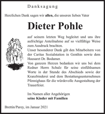 Traueranzeige von Dieter Pohle  von Magdeburger Volksstimme