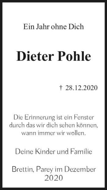 Traueranzeige von Dieter Pohle  von Magdeburger Volksstimme