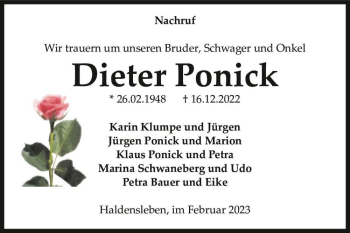 Traueranzeige von Dieter Ponick  von Magdeburger Volksstimme