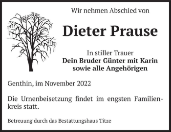 Traueranzeige von Dieter Prause  von Magdeburger Volksstimme