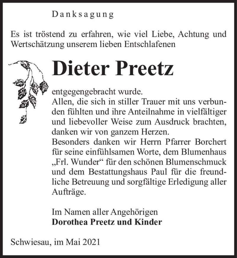  Traueranzeige für Dieter Preetz  vom 15.05.2021 aus Magdeburger Volksstimme