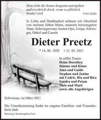 Traueranzeige von Dieter Preetz  von Magdeburger Volksstimme