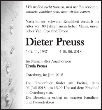Traueranzeige von Dieter Preuss  von Magdeburger Volksstimme