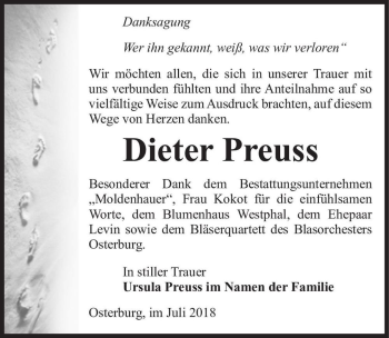 Traueranzeige von Dieter Preuss  von Magdeburger Volksstimme