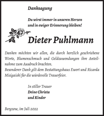 Traueranzeige von Dieter Puhlmann  von Magdeburger Volksstimme