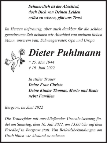Traueranzeige von Dieter Puhlmann  von Magdeburger Volksstimme