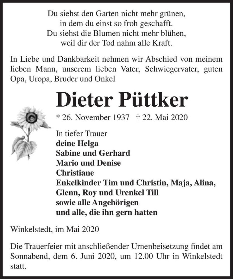  Traueranzeige für Dieter Püttker  vom 30.05.2020 aus Magdeburger Volksstimme
