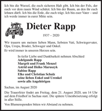 Traueranzeige von Dieter Rapp  von Magdeburger Volksstimme