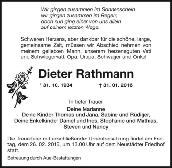 Traueranzeige von Dieter Rathmann  von Magdeburger Volksstimme