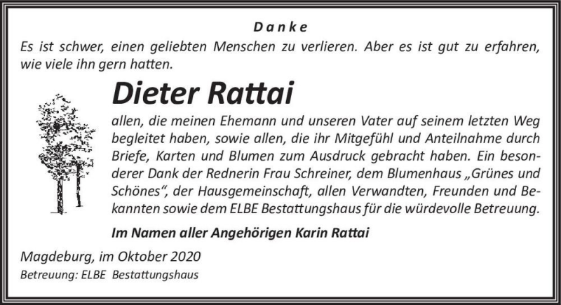  Traueranzeige für Dieter Rattai  vom 30.10.2020 aus Magdeburger Volksstimme