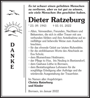 Traueranzeige von Dieter Ratzeburg  von Magdeburger Volksstimme