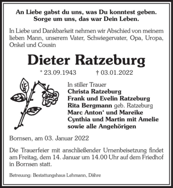 Traueranzeige von Dieter Ratzeburg  von Magdeburger Volksstimme