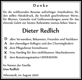 Traueranzeige von Dieter Redlich  von Magdeburger Volksstimme