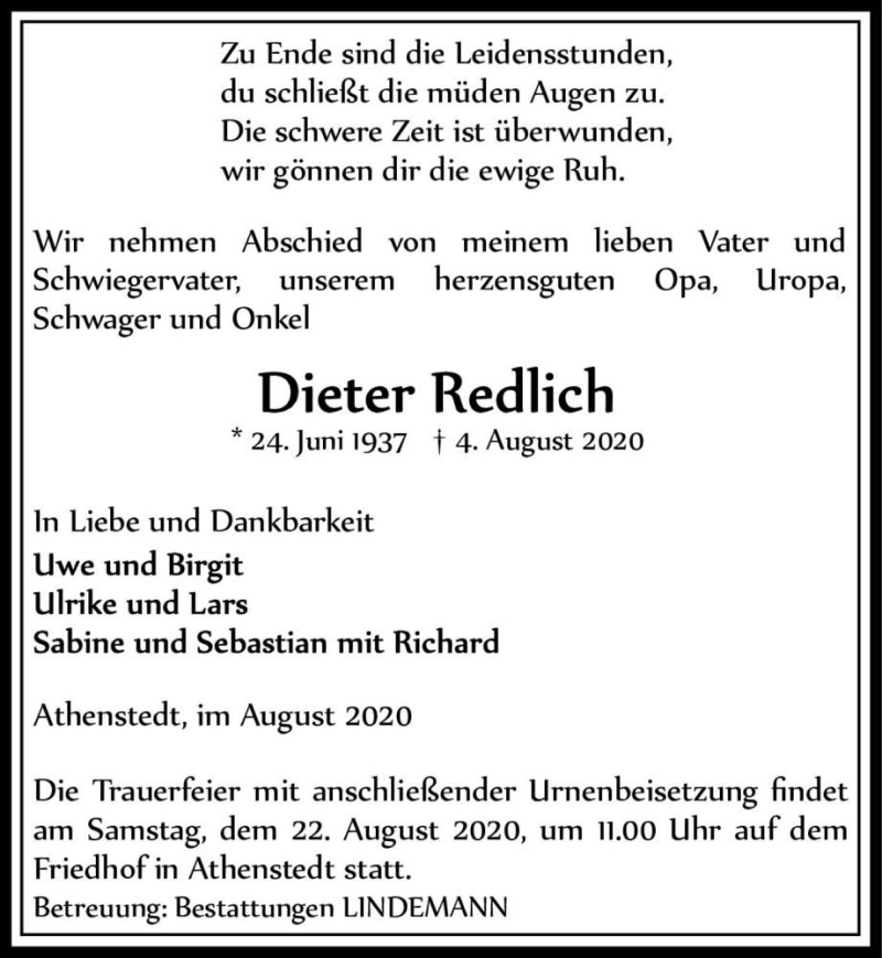  Traueranzeige für Dieter Redlich  vom 08.08.2020 aus Magdeburger Volksstimme
