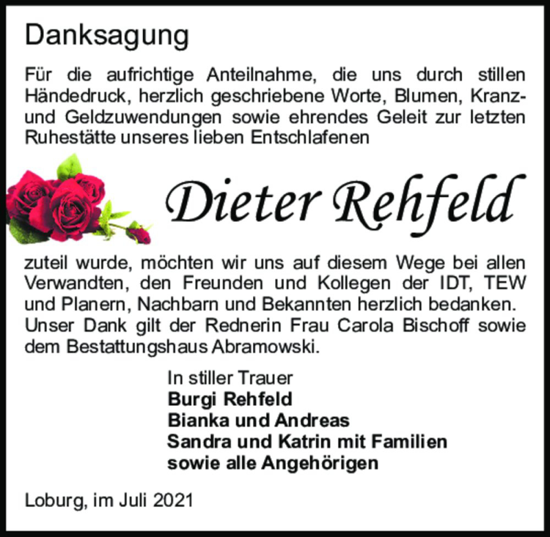  Traueranzeige für Dieter Rehfeld  vom 31.07.2021 aus Magdeburger Volksstimme