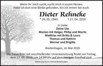 Traueranzeige von Dieter Rehneke  von Magdeburger Volksstimme