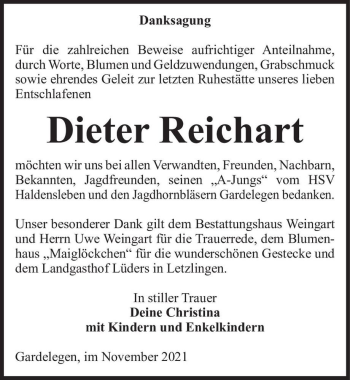 Traueranzeige von Dieter Reichart  von Magdeburger Volksstimme