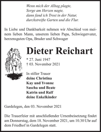 Traueranzeige von Dieter Reichart  von Magdeburger Volksstimme