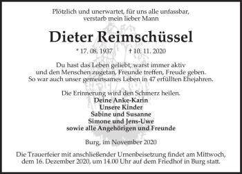 Traueranzeige von Dieter Reimschüssel  von Magdeburger Volksstimme