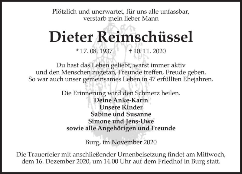  Traueranzeige für Dieter Reimschüssel  vom 21.11.2020 aus Magdeburger Volksstimme