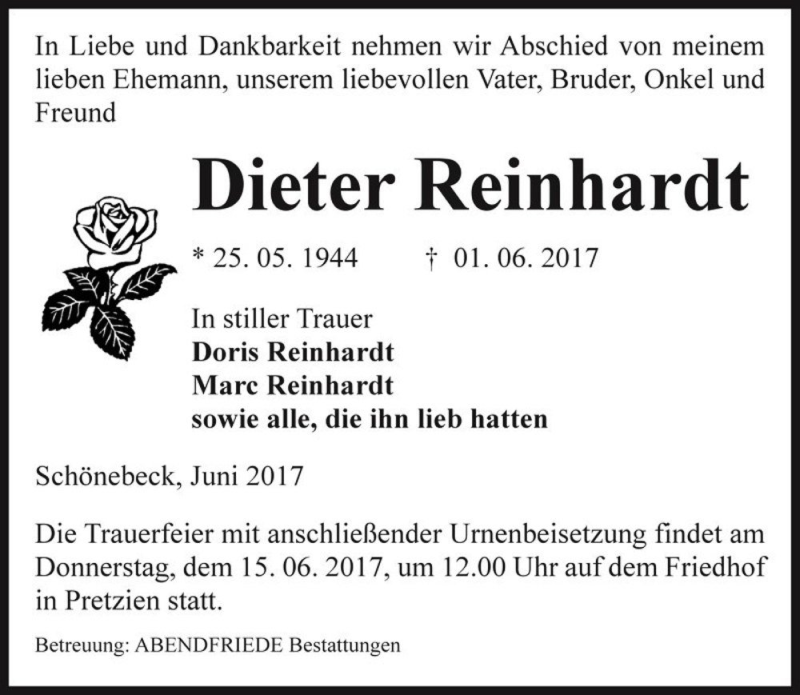  Traueranzeige für Dieter Reinhardt  vom 10.06.2017 aus Magdeburger Volksstimme