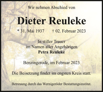 Traueranzeige von Dieter Reuleke  von Magdeburger Volksstimme