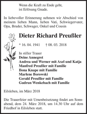 Traueranzeige von Dieter Richard Preußler  von Magdeburger Volksstimme