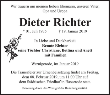 Traueranzeige von Dieter Richter  von Magdeburger Volksstimme