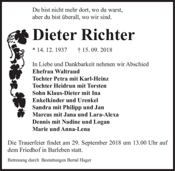Traueranzeige von Dieter Richter  von Magdeburger Volksstimme